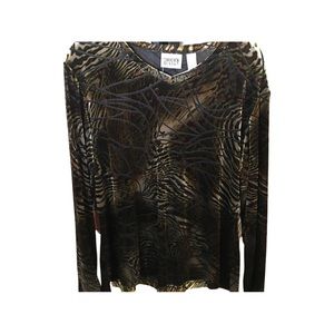 Chico’s Abstract Velvet Burnout Long Sleeve Shimmery Brown Gold Blouse 2 Medium